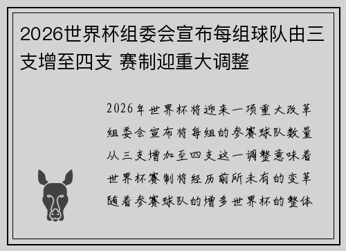 2026世界杯组委会宣布每组球队由三支增至四支 赛制迎重大调整