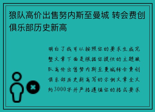 狼队高价出售努内斯至曼城 转会费创俱乐部历史新高